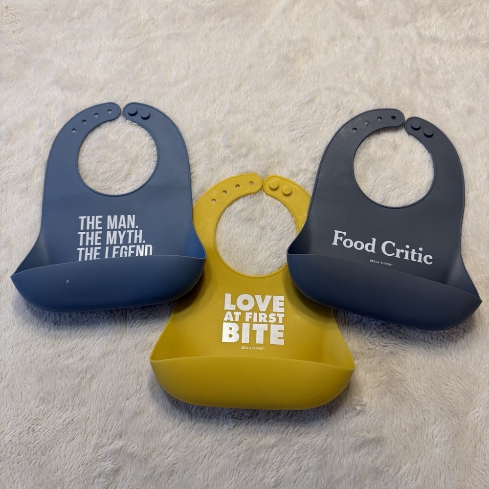 Bella Tunno Silicone Baby Bibs w/ Pocket Set of 3 Adjustable Blue Gray Yellow